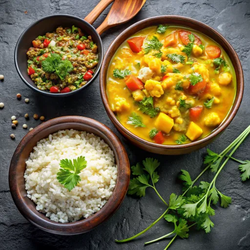 Zöldségpörkölt Kókusztejes Barnarizzsel